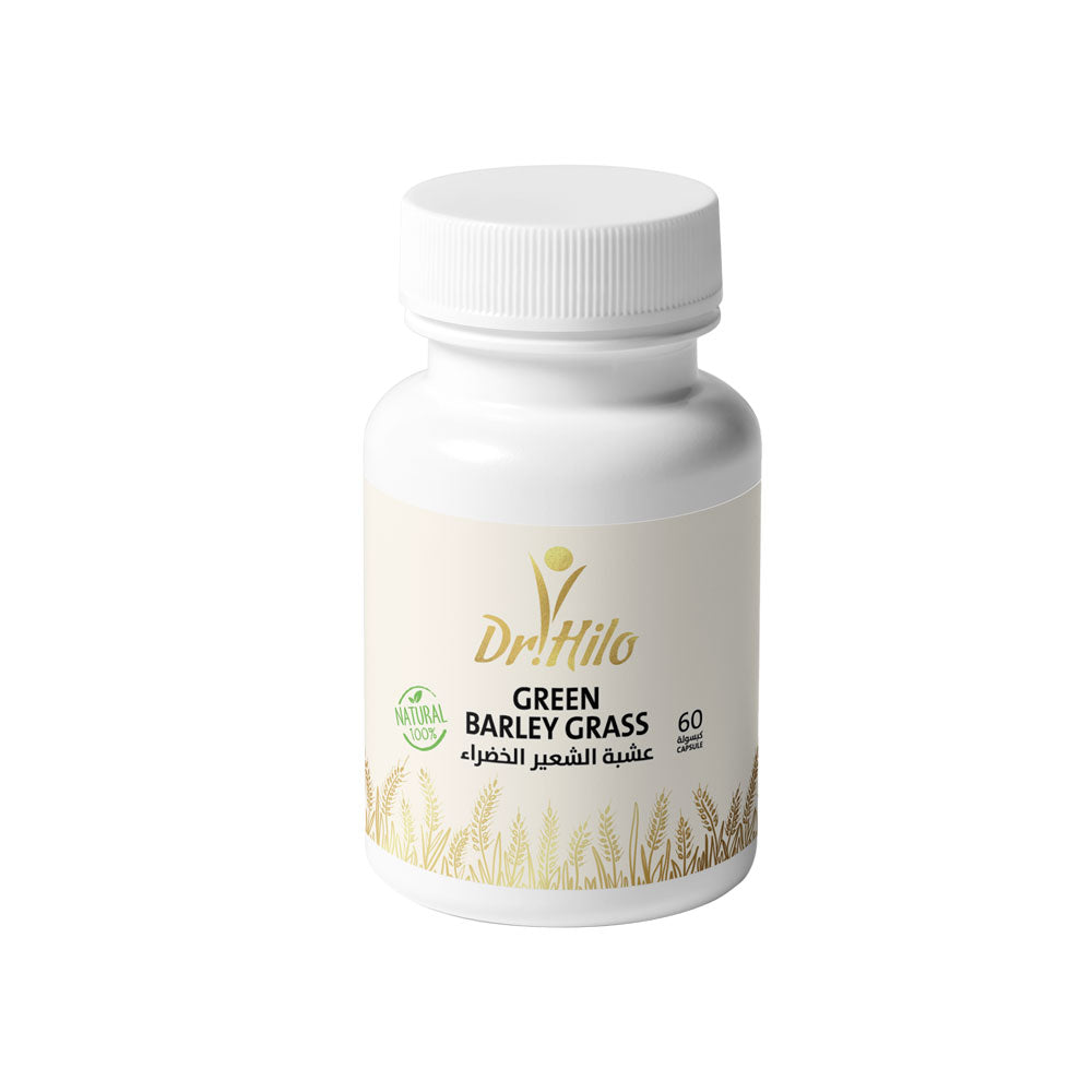 Dr. Hilo Green Barley Grass 300 mg capsules for immunity, skin health, hair growth, and stress relief.