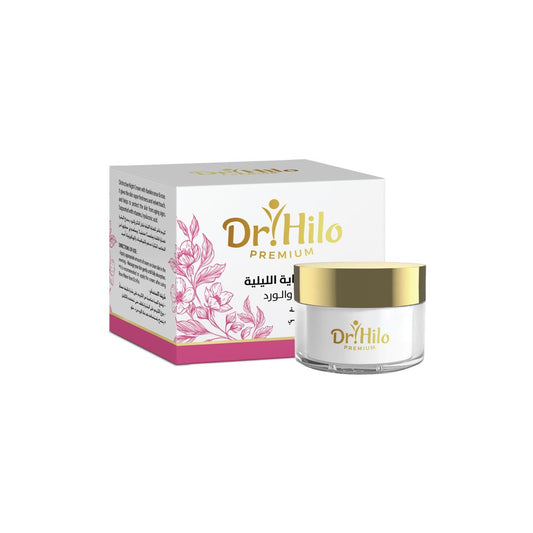 Dr. Hilo Night Cream jar with frankincense and rose for hydration and skin glow.