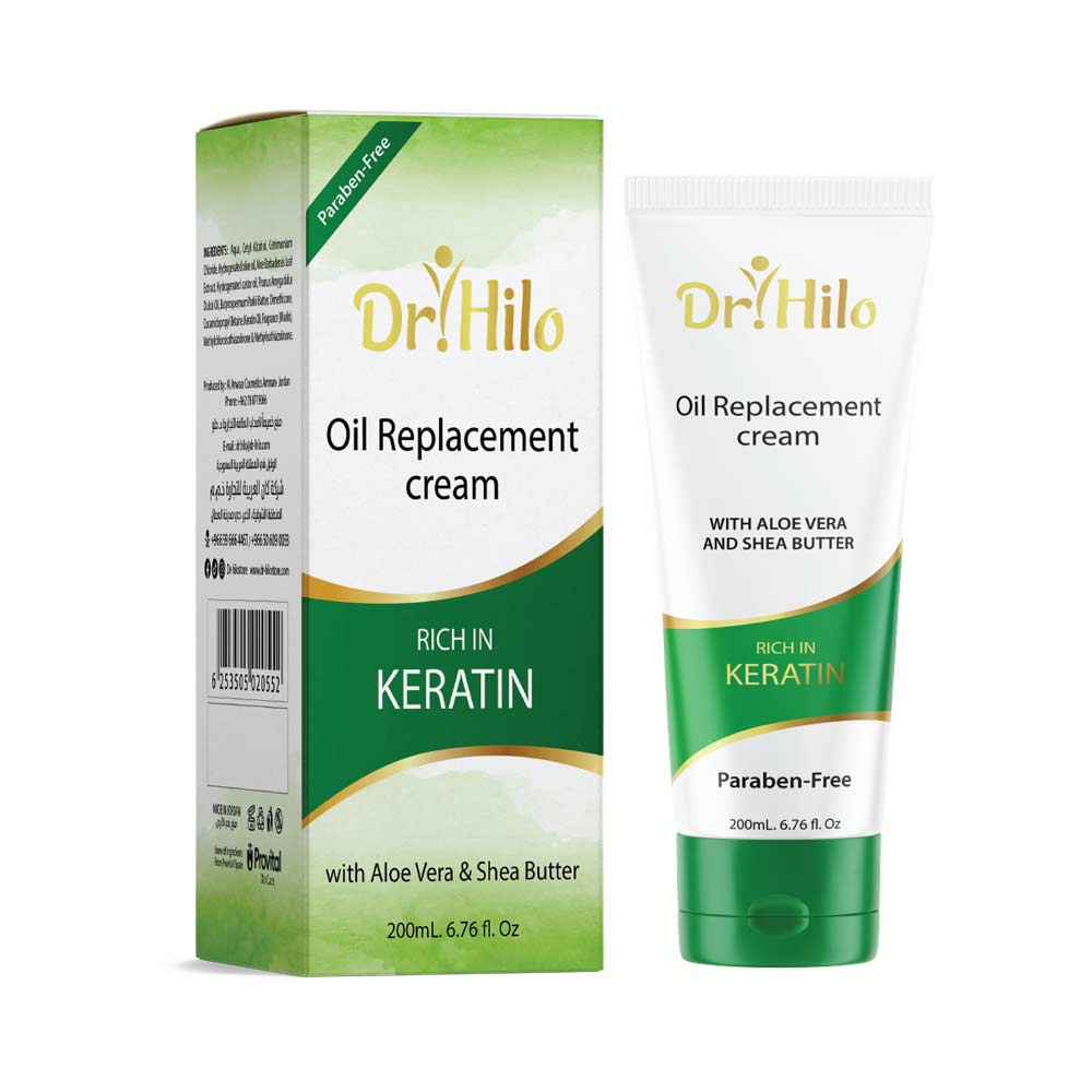 Dr. Hilo Oil Replacement Cream with Keratin and Shea Butter for smooth, nourished hair.