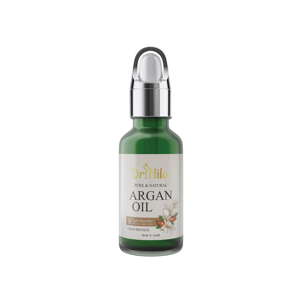 Dr. Hilo 100% natural cold-pressed argan oil for hair growth, skin hydration, and anti-aging benefits.