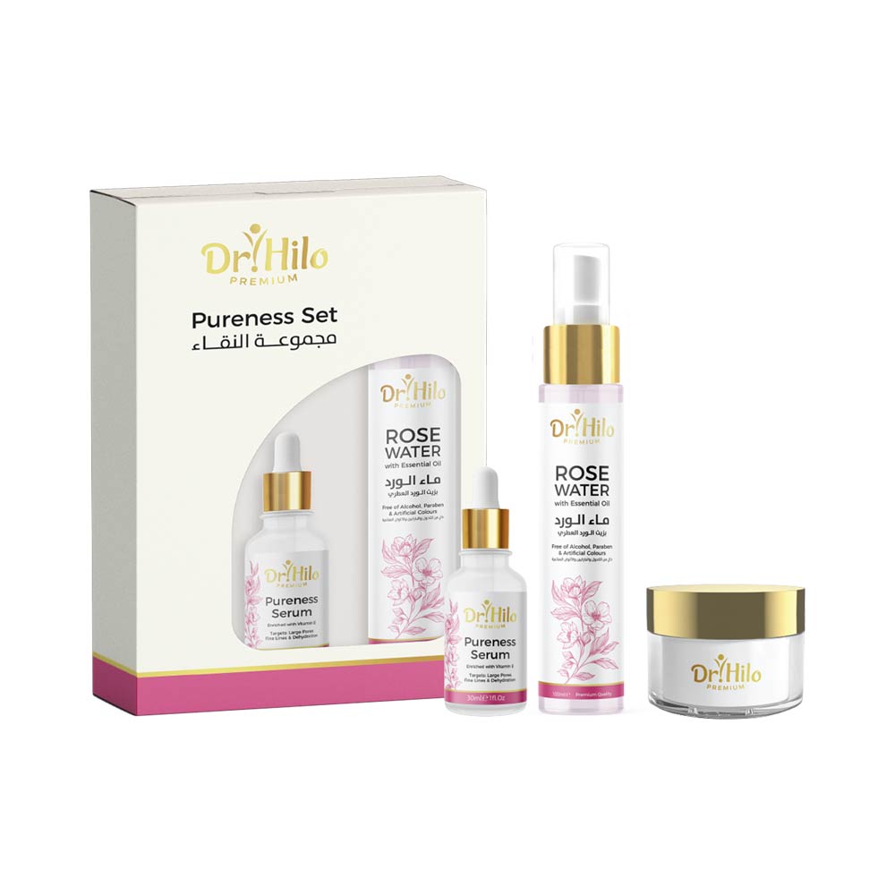 Dr. Hilo Pureness Set with rose water, serum, and night cream for glowing skin.