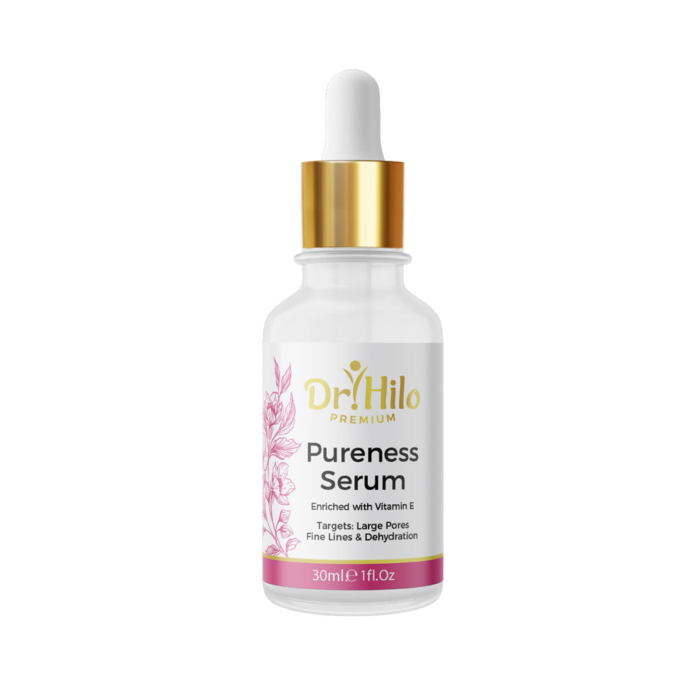 Dr. Hilo Pureness Serum bottle with frankincense and Vitamin E for firmer, radiant skin.