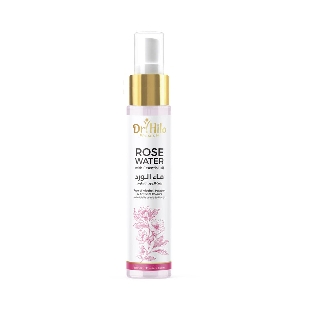 Dr. Hilo Rose Water with rose essential oil for purifying, moisturizing, and refreshing skin.