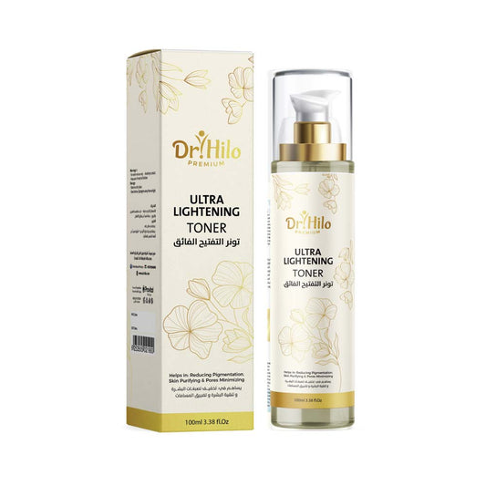 Dr. Hilo Ultra-Lightening Toner with rose water for exfoliating, lightening pigmentation, and tightening pores for smooth, bright skin.