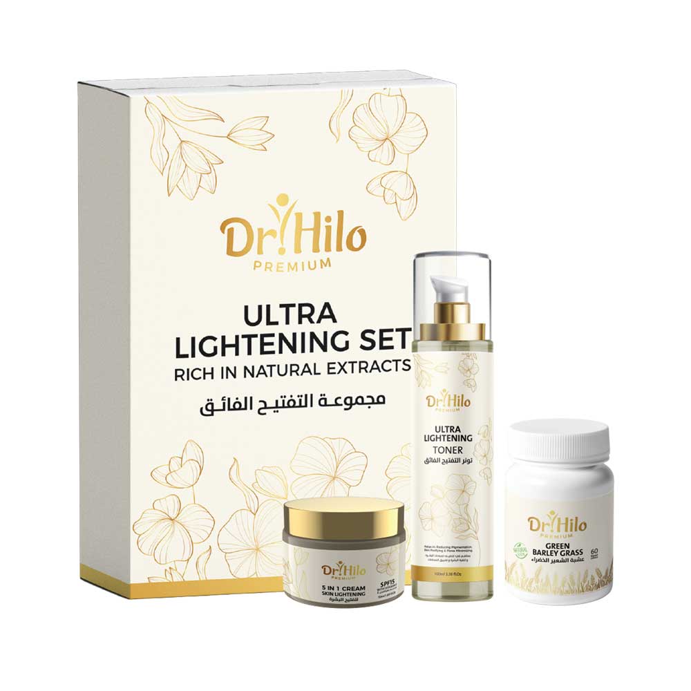 Dr. Hilo Ultra-Lightening Set with toner, lightening cream, and capsules for brighter skin.