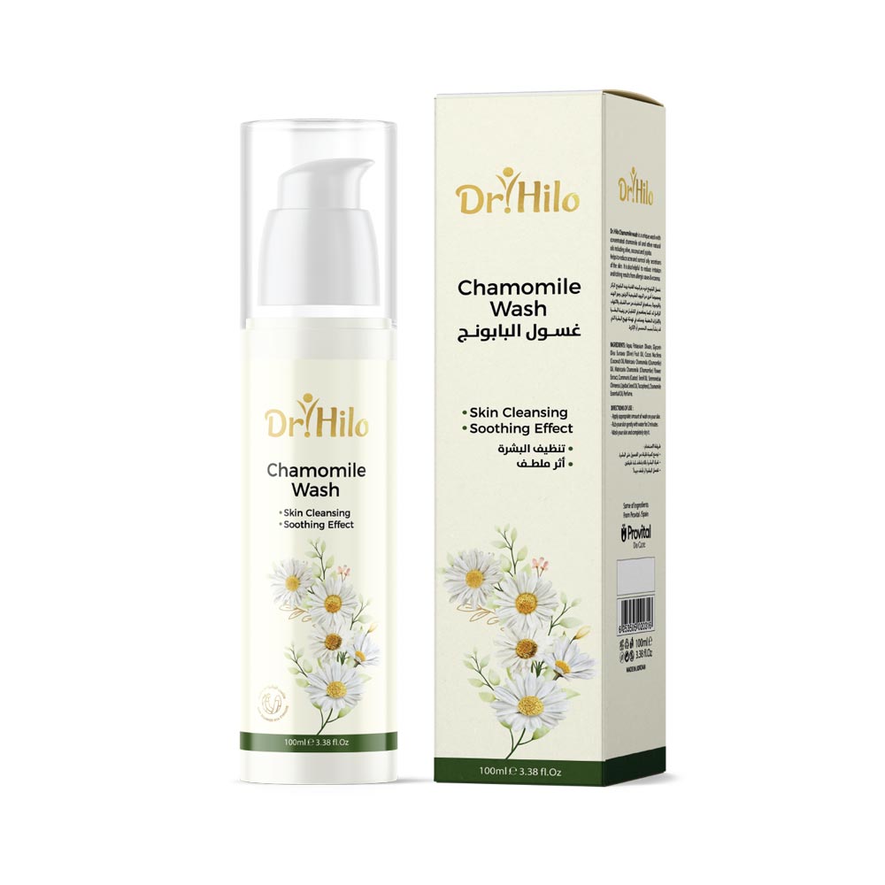 Dr. Hilo Chamomile Wash for acne-prone skin with chamomile oil, extracts, and natural oils for gentle cleansing and soothing.