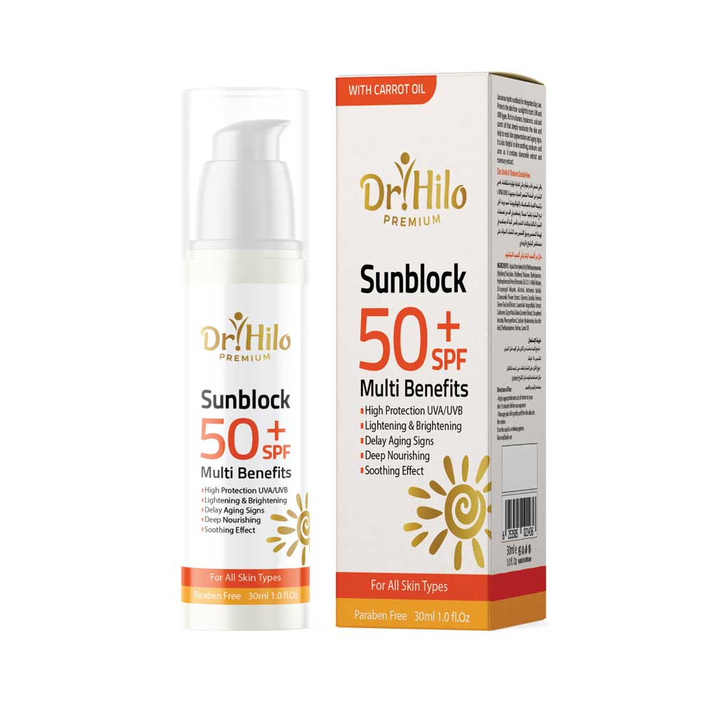 Dr. Hilo Sunblock SPF50 with Hyaluronic Acid 30ml, high protection UVA/UVB, moisturizes, brightens, and resists pigmentation.