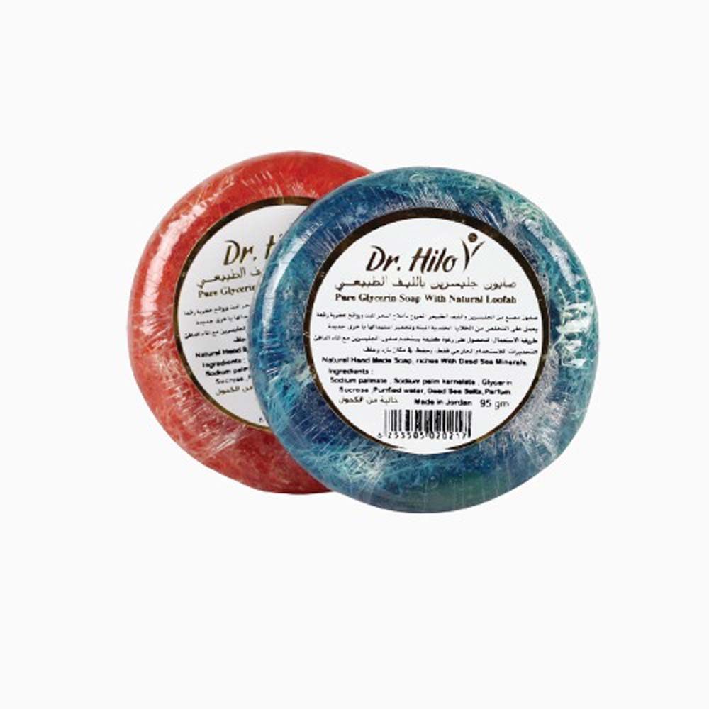 Dr. Hilo Glycerin Soap with Loofah and Dead Sea Salts for deep cleansing, exfoliating, and moisturizing skin.