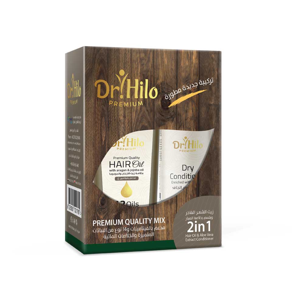 Dr. Hilo Premium Hair Set with luxury oils for reducing hair loss, preventing breakage, and moisturizing dry hair.