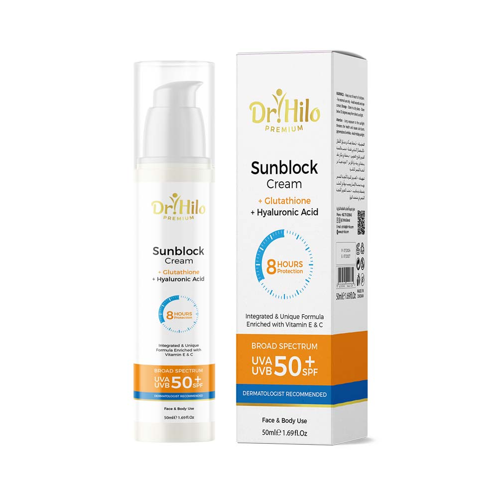 Dr. Hilo Premium Sunblock SPF50 with glutathione for high UV protection, skin hydration, and lightening.