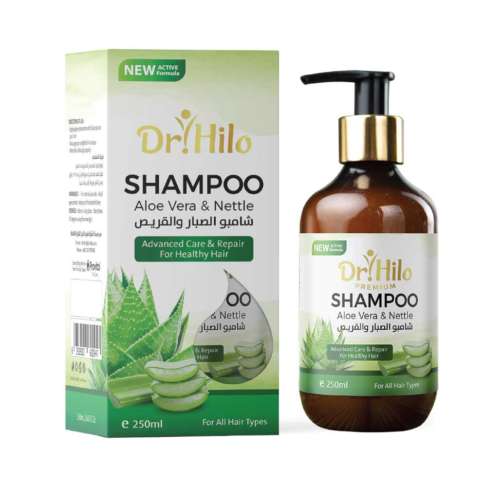 Dr. Hilo Aloe Vera & Nettle Shampoo for hair loss and oily dandruff, 250 ml, nourishing scalp and strengthening hair.