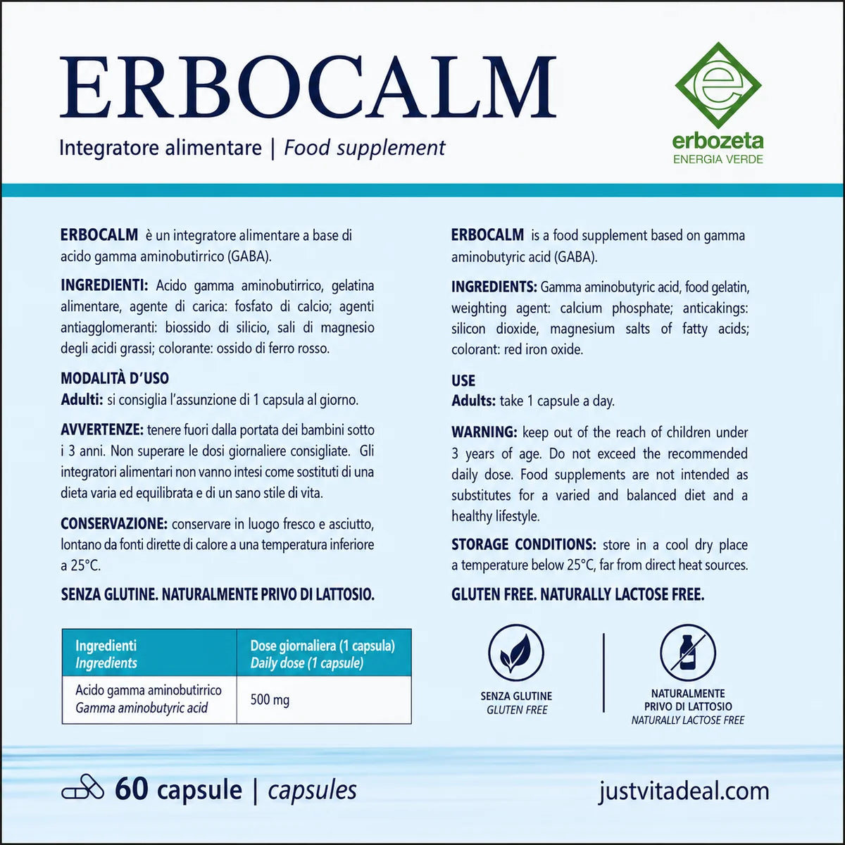 ERBOCALM ingredients label showing GABA 500 mg, directions, storage information, and supplement facts.