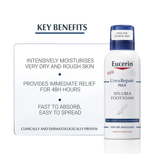 Eucerin UreaRepair PLUS 10% Urea Foot Foam – fast-absorbing moisturizer for very dry and rough feet, suitable for diabetic skin