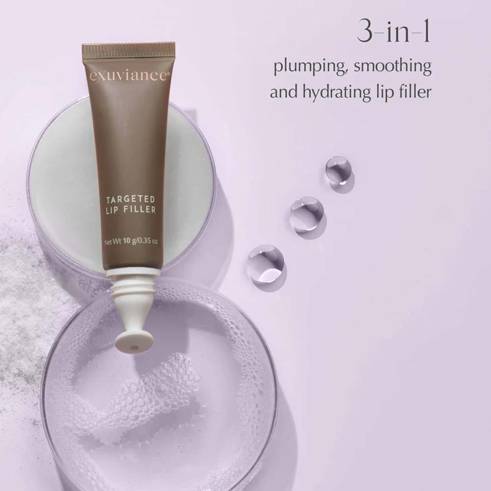 Close-up of Exuviance Targeted Lip Filler's smooth cream texture, ideal for fuller, youthful lips.