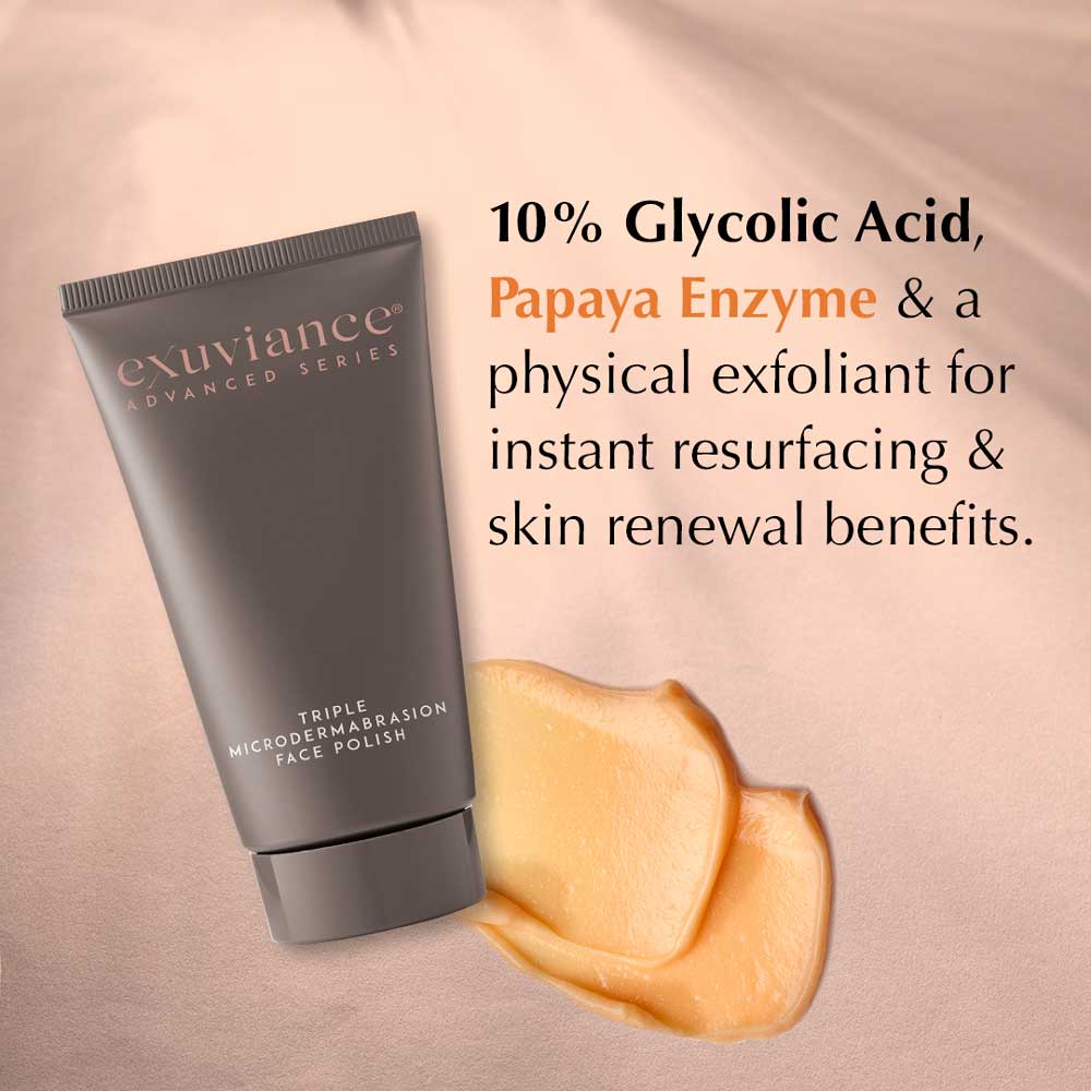 Exuviance Triple Microdermabrasion Face Polish gently exfoliates to reveal smoother, brighter skin. 75 ml size.