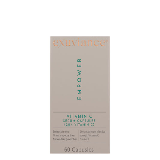 Exuviance Vitamin C 20% Serum carton packaging featuring bright, youthful skin benefits.