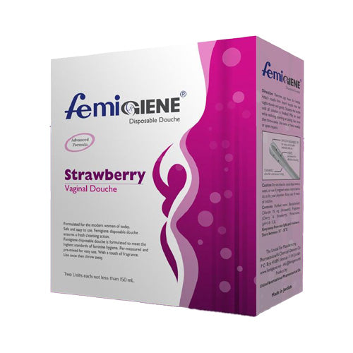 Femigiene Strawberry Disposable Douche for fresh, clean, and hygienic intimate care with a soothing strawberry scent.