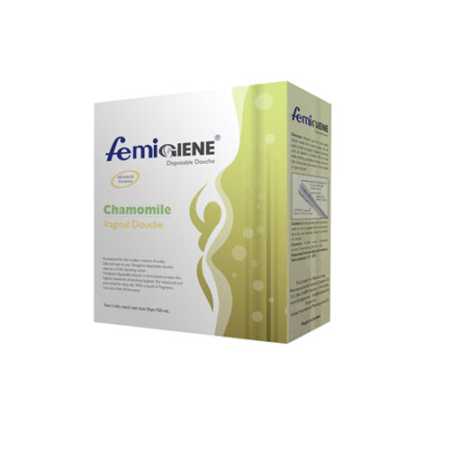 Femigiene Chamomile Intimate Douche, pre-mixed disposable bottle, pH 5-5.5, with a mild fragrance for gentle cleansing.