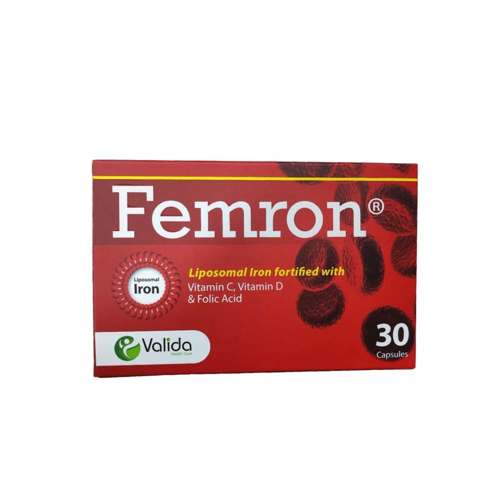 Femron Liposomal Iron capsules with Vitamin C, D, and Folic Acid for enhanced absorption and support.