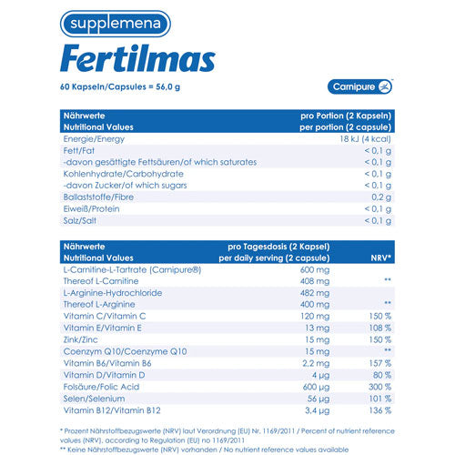 Active ingredients in Fertilmas: L-Carnitine, L-Arginine, CoQ10, Zinc, Selenium, Folate, and vitamins for enhanced male fertility.