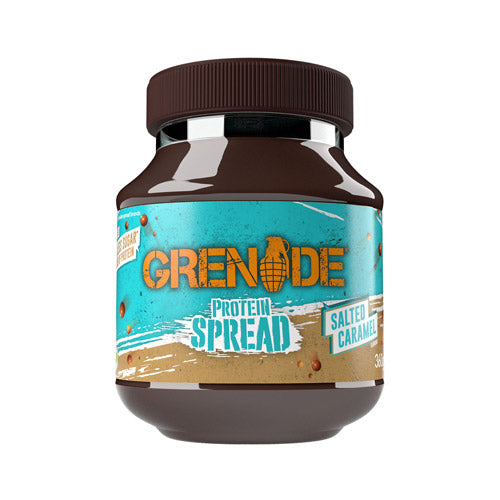 Jar of Grenade Chocolate Salted Caramel Protein Spread, 360g, featuring high protein and low sugar content with salted caramel flavor.