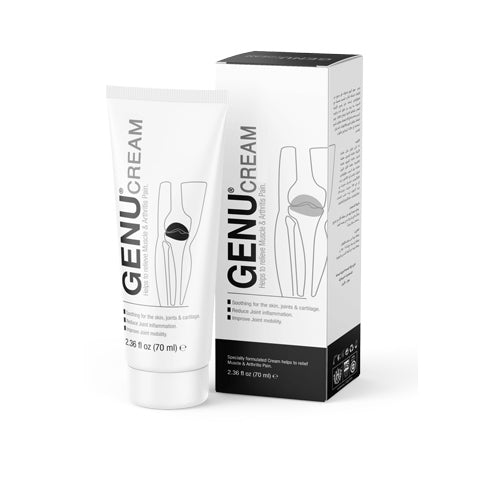 GENU® Cream tube for arthritis and joint pain relief, featuring glucosamine, arnica, and anti-inflammatory ingredients.