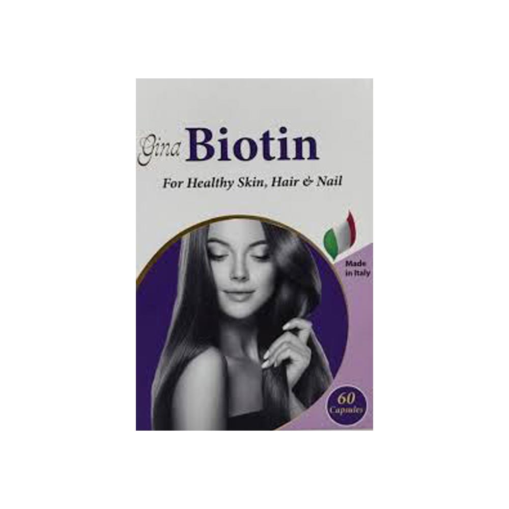 Gina Biotin 60 Capsules for healthy hair, glowing skin, and strong nails, featuring biotin, ginkgo biloba, and essential vitamins.