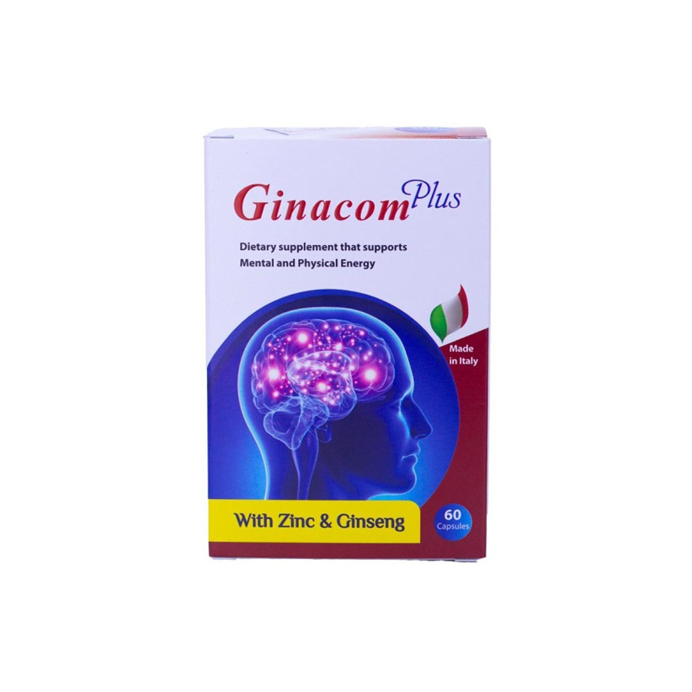 Ginacom Plus capsules, 60-count, for memory, focus, and energy with Ginkgo Biloba, vitamins, and essential nutrients.