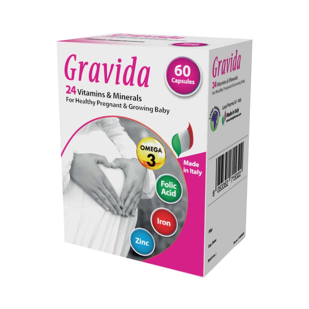 Gravida supplement pack with 60 capsules for healthy pregnancy, including Omega-3, folic acid, iron, and zinc.