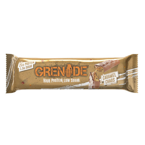 Grenade Caramel Chaos Protein Bar – 60g, packed with 21g of protein, 1.5g sugar, caramel, and milk chocolate for a delicious, on-the-go snack.