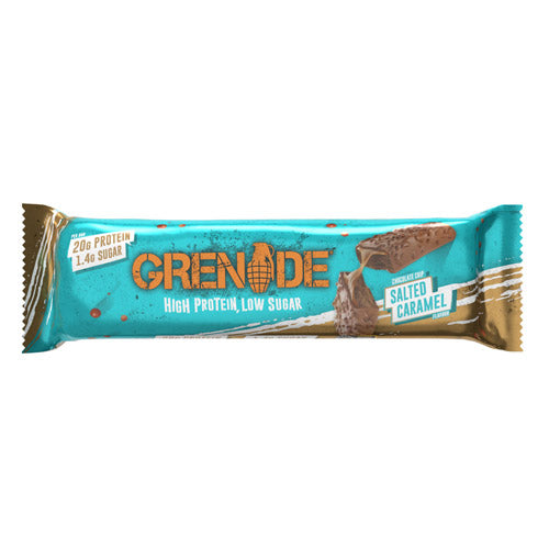 Grenade Chocolate Chip Salted Caramel Protein Bar – 60g, with 20g protein, 1.3g sugar, nougat, salted caramel, and chocolate chips.