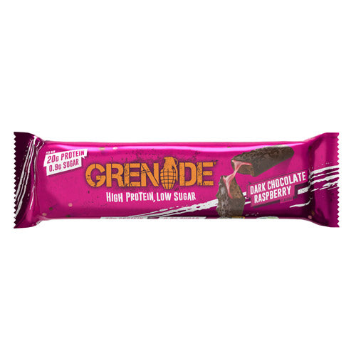 Grenade Dark Chocolate Raspberry Protein Bar – 60g bar with 20g protein, 0.9g sugar, layered with raspberry caramel and dark chocolate.