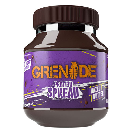 Jar of Grenade Hazel Nutter Protein Spread with hazelnut and chocolate design, 20g protein per 100g.