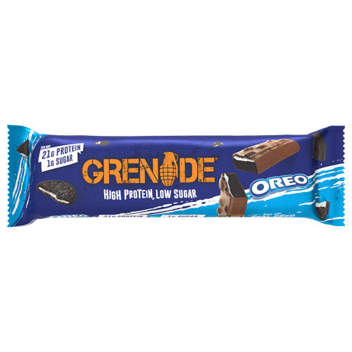 Grenade OREO Protein Bar – 60g bar with 21g protein, real OREO biscuit pieces, milk chocolate coating, and low sugar content.