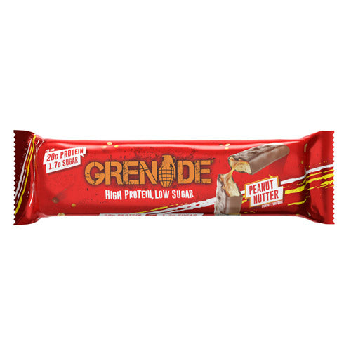 Grenade Peanut Nutter Protein Bar with peanut chunks, caramel, and milk chocolate coating.