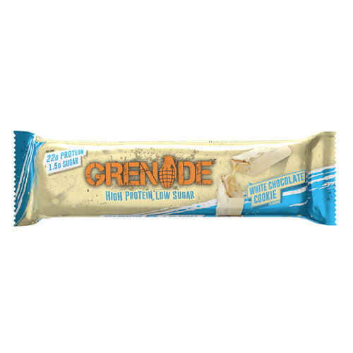 Grenade White Chocolate Cookie Protein Bar with white chocolate-flavored nougat, caramel, and cookie pieces.