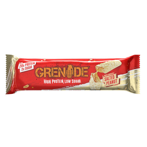 Grenade White Chocolate Salted Peanut Protein Bar with peanuts, nougat, caramel, and white chocolate coating.