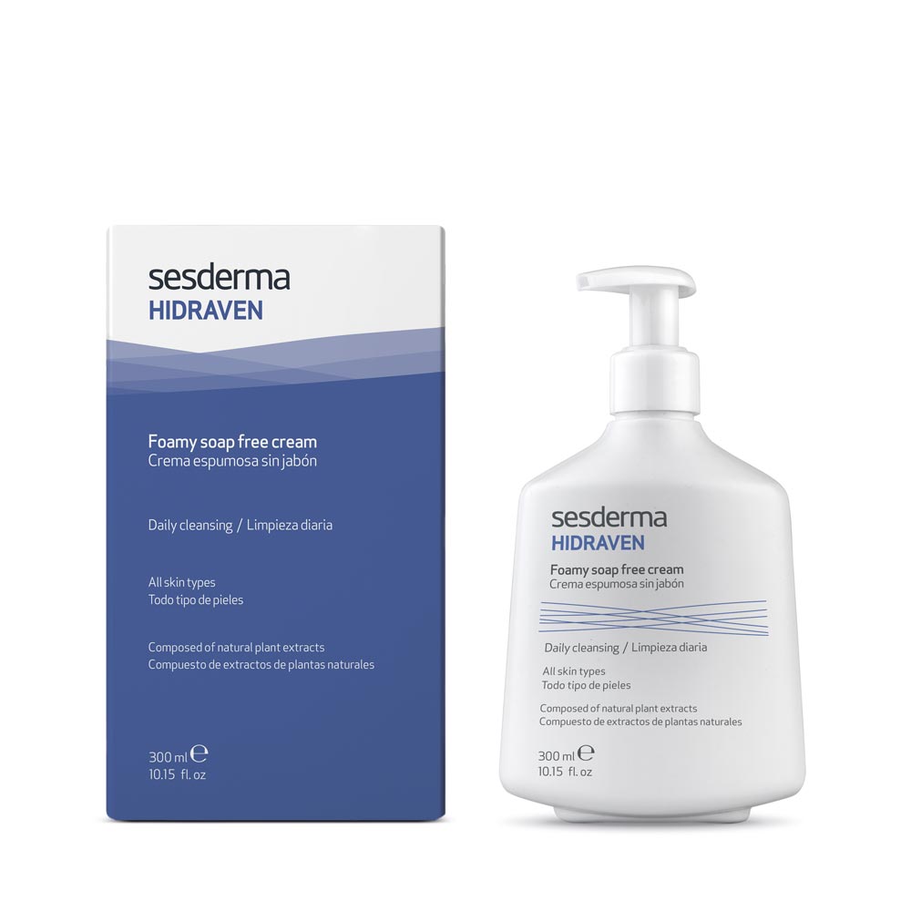 Sesderma Hidraven Soap-Free Cream 300ml bottle with a creamy texture for gentle facial cleansing and hydration.