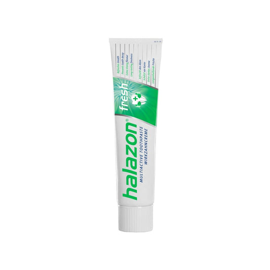 Halazon Antibacterial Toothpaste Fresh with fluoride, CPC, and menthol for long-lasting freshness and cavity protection.