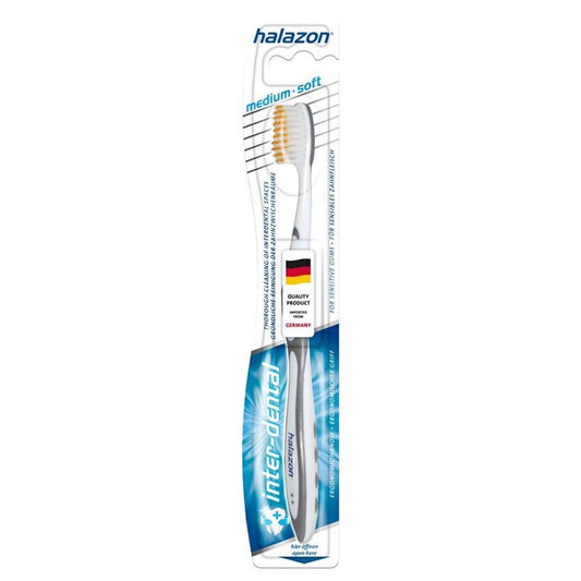 Close-up of Halazon Interdental Toothbrush with soft-to-medium flexible bristles, designed to remove plaque and promote gum health.