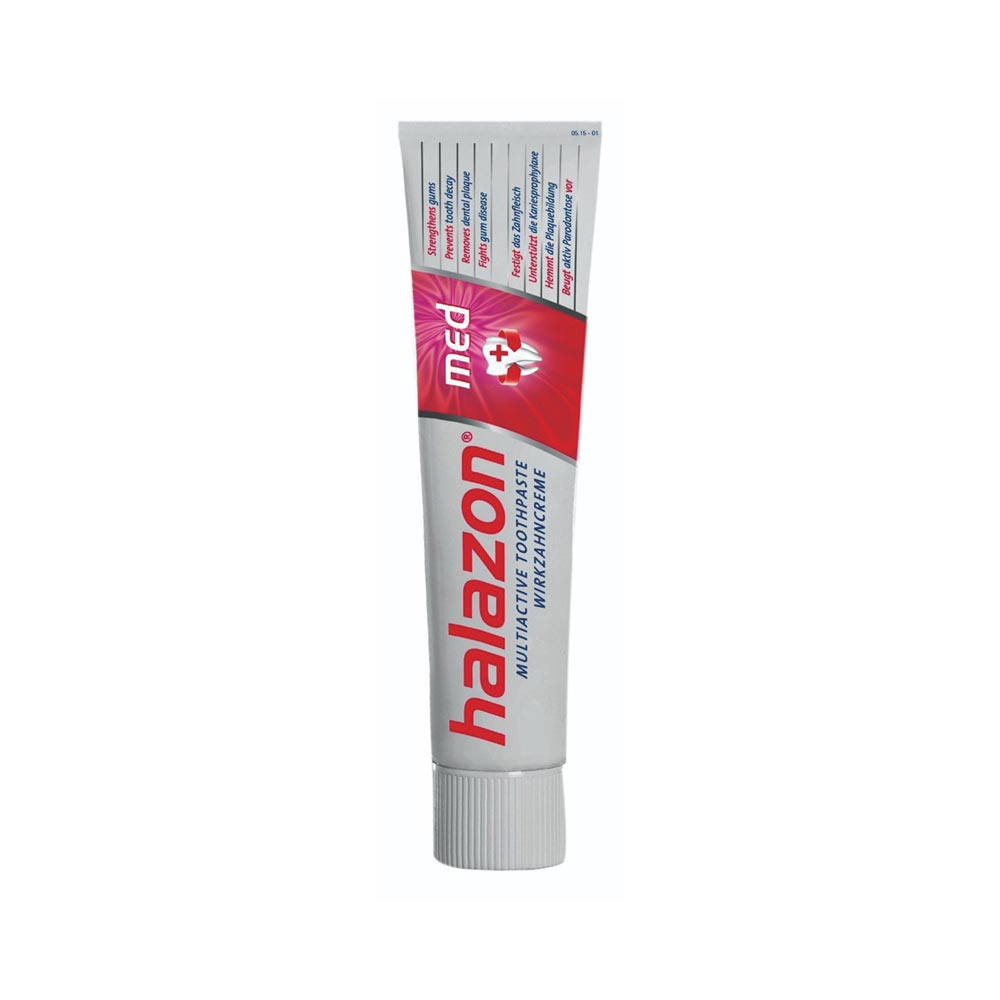 Halazon Medical Toothpaste for gum health, prevents plaque, periodontitis, and strengthens gums with fluoride and essential oils.