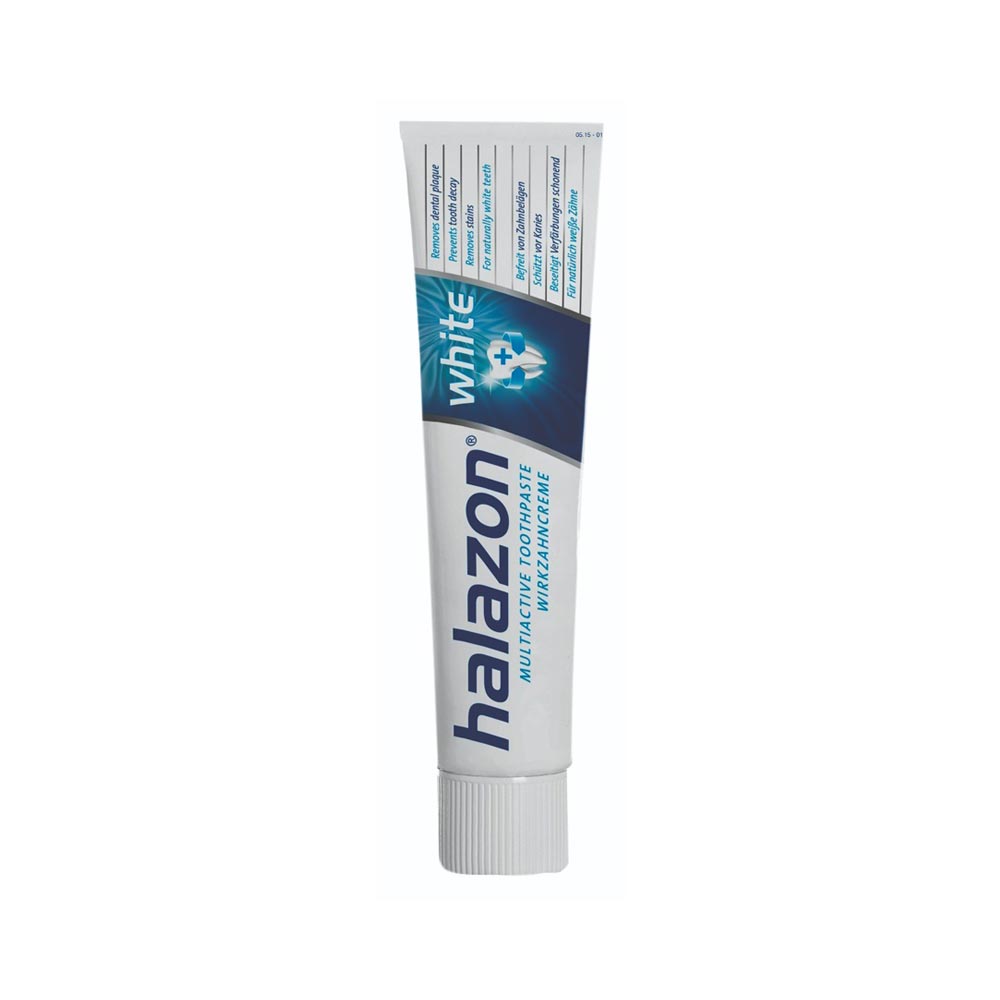 Tube of Halazon Multiactive Toothpaste White placed on a clean white surface.