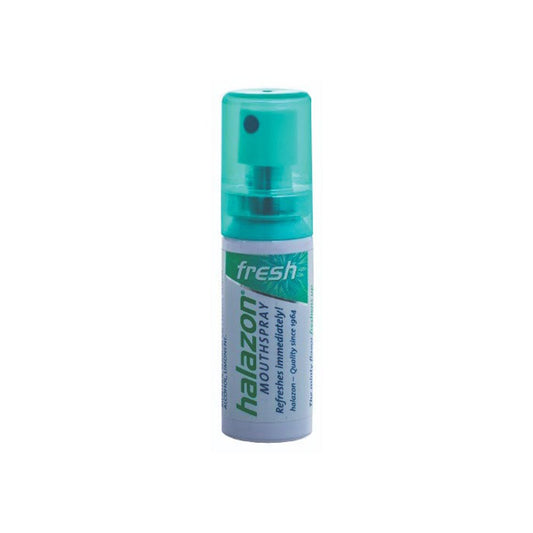 Portable Halazon Fresh Mouth Spray 15ml bottle with a refreshing mint formula for instant bad breath elimination.