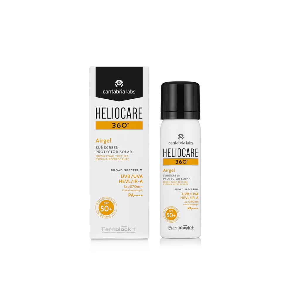 Heliocare 360 Airgel SPF 50 Light Foam Photoprotector 60 ml pump bottle and external package.