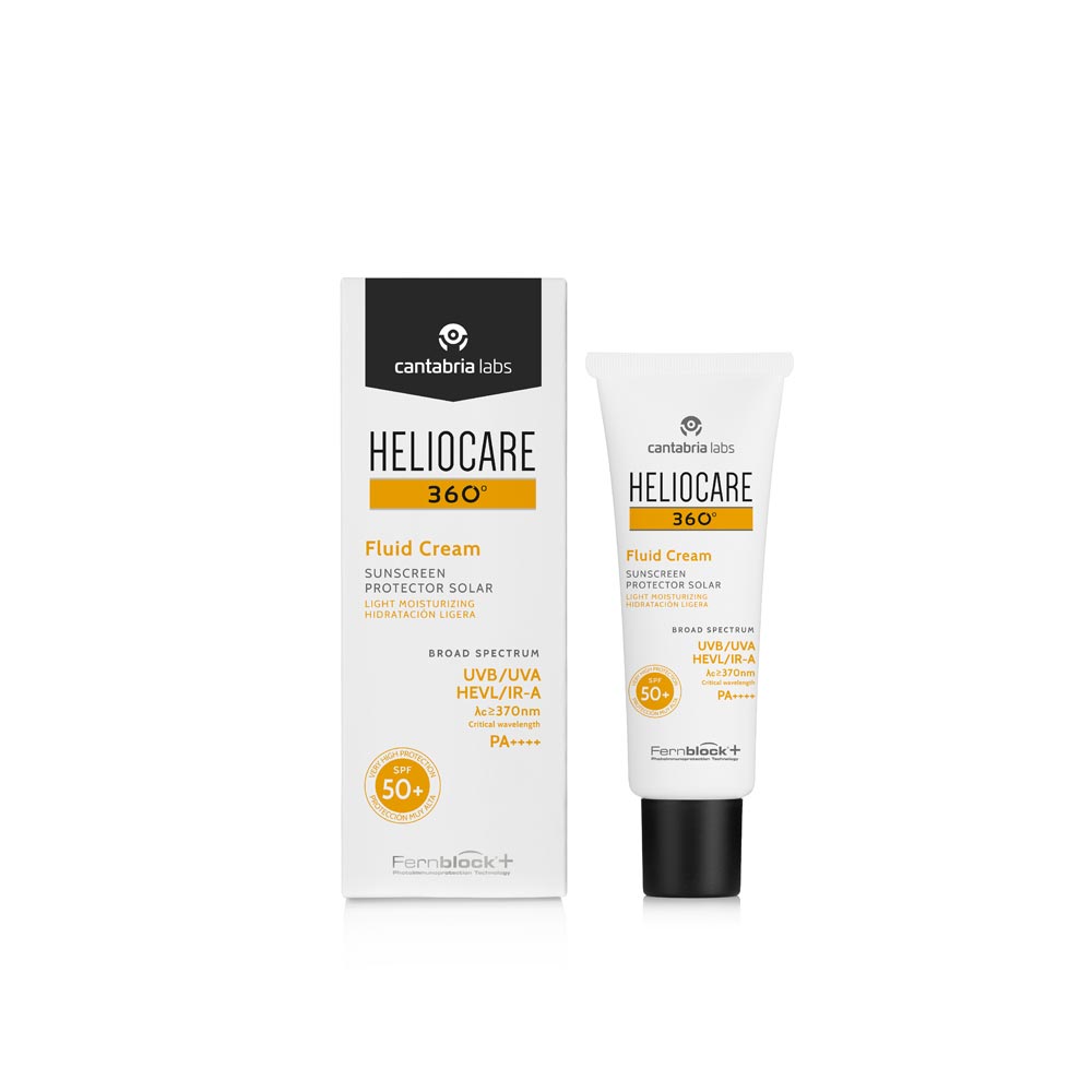 Heliocare 360 Fluid Cream Spf 50+ Sunblock external box and 50 ml tube.