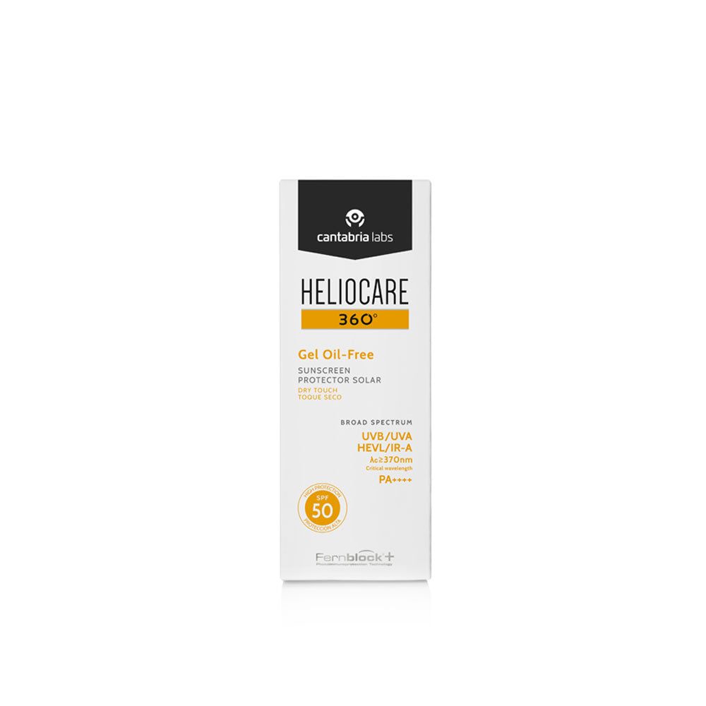 Heliocare 360 Gel Oil-Free SPF 50 external sunscreen box.