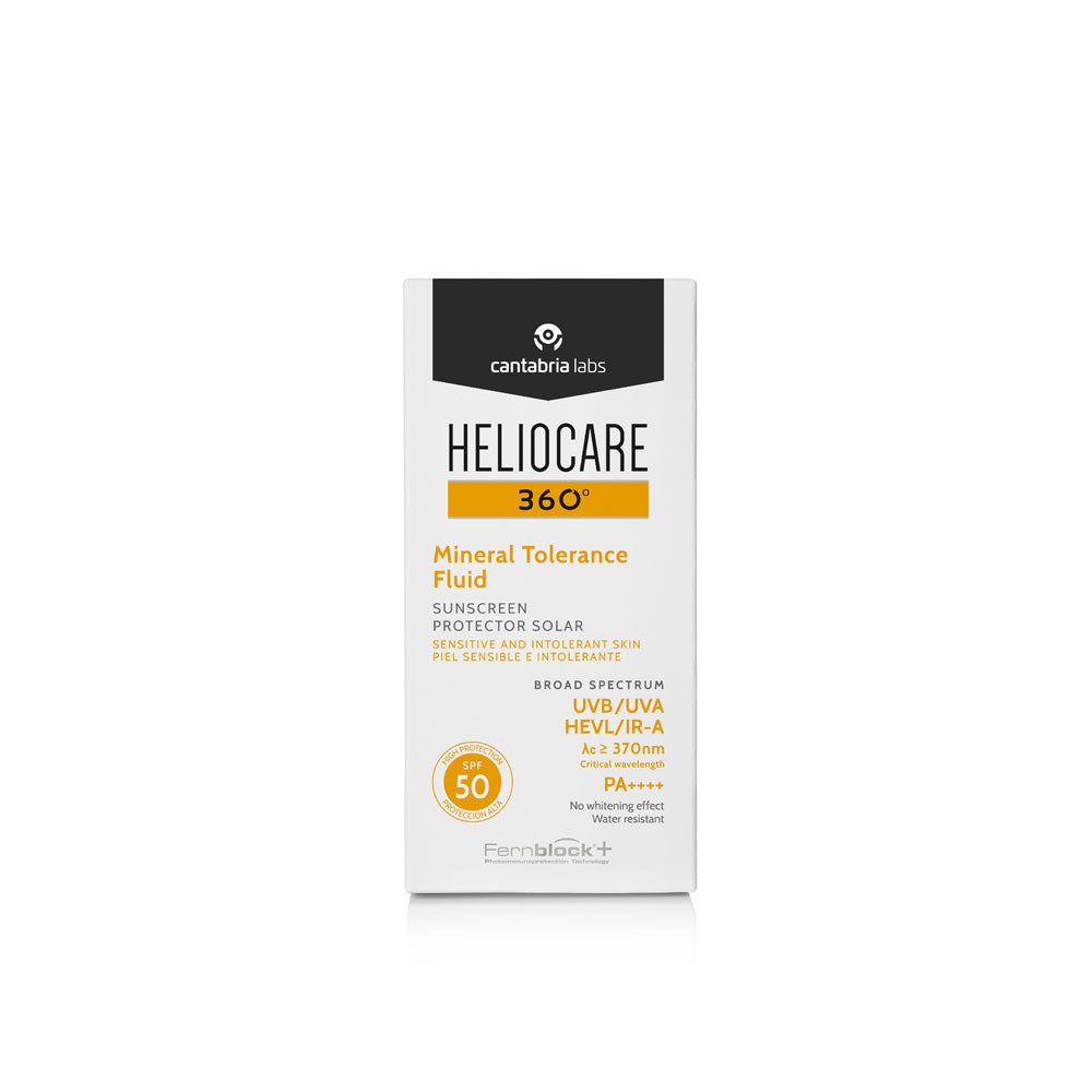 Heliocare 360 Mineral Tolerance Fluid SPF 50, sunscreen external box.