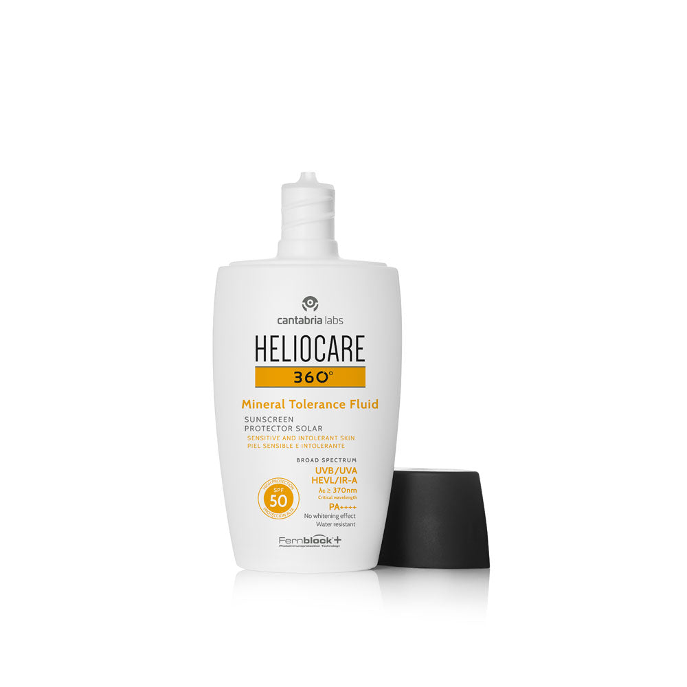 Heliocare 360 Mineral Tolerance Fluid SPF 50.opened bottle of sunscreen.