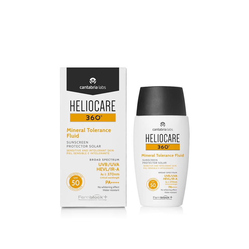 Heliocare 360 Mineral Tolerance Fluid SPF 50, external and internal sunscreen packages.