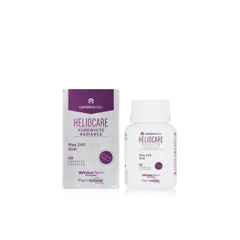 Heliocare Purewhite Radiance Max 240 Oral Capsules external box and the jar.